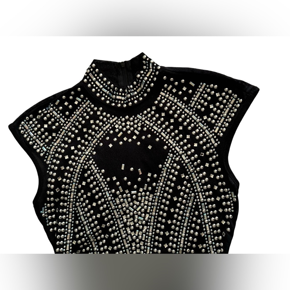 NWOT BANJUL Rhinestone & Silver Studded BODYCON DRESS Semi-Sheer Black Size S.